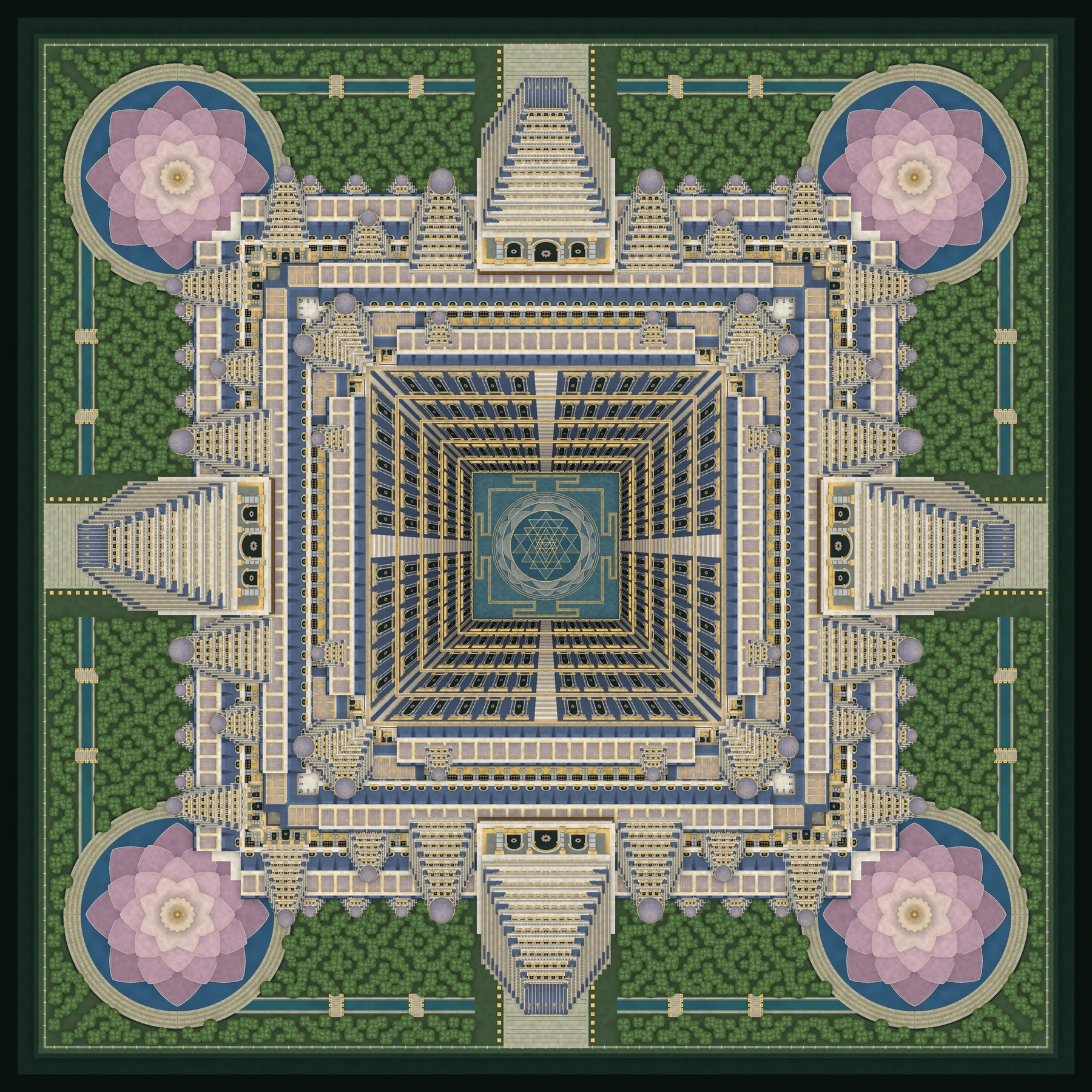 Four temple approaches and lotus ponds surround galleries descending into a square well, with fine gold geometry at its centre.