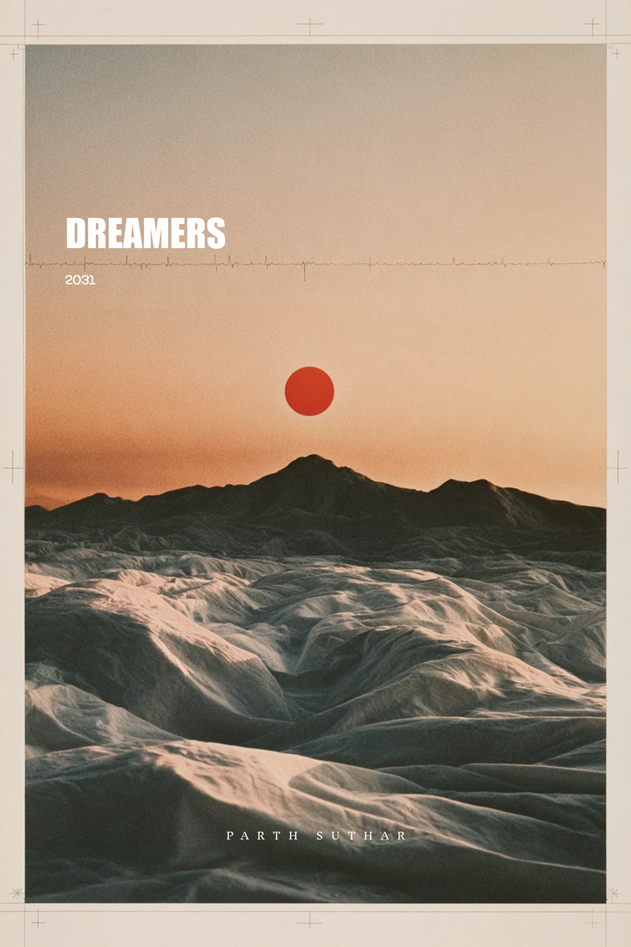 Dreamers 2031: a red sun above a textured landscape, crossed by a heartbeat trace
