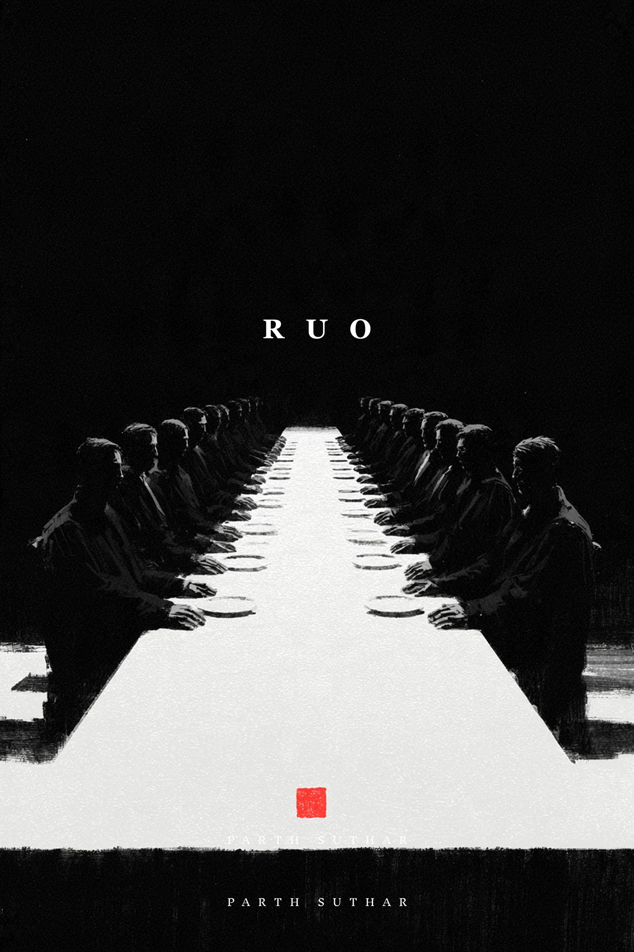 Research Use Only: figures seated along a stark white table beneath the letters RUO